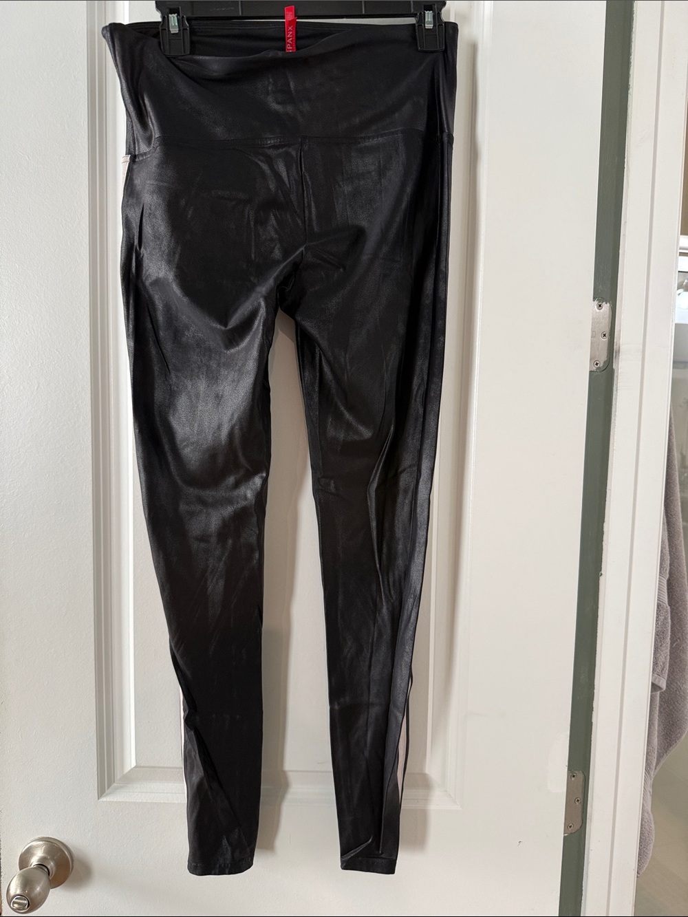 SPANX Black Faux Leather Leggings with Side Stripe - Picture 2 of 3